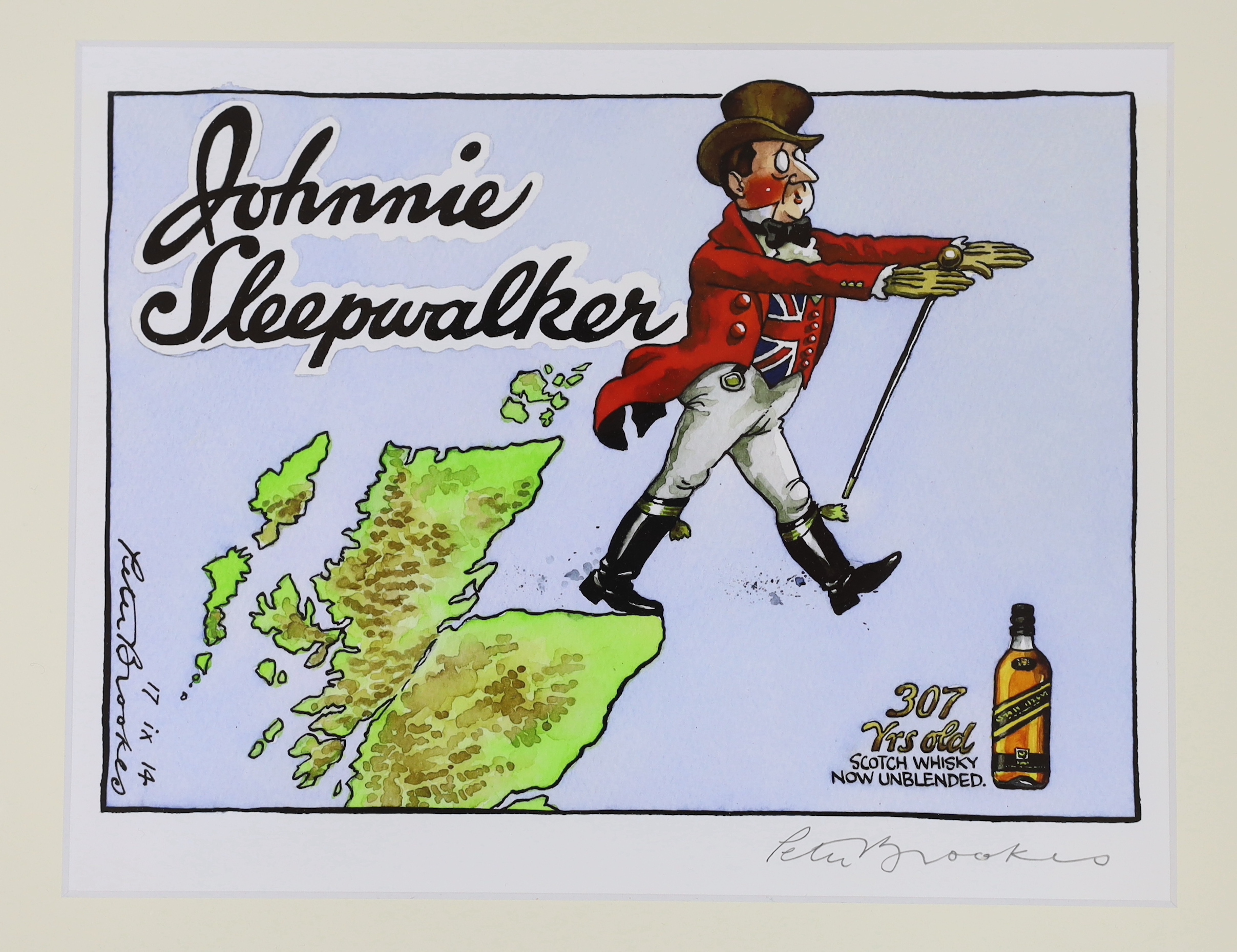 Peter Brookes (b.1943), three satirical colour prints, each signed in pencil, including ‘Johnnie Sleepwalker’ & ‘Theresa Goes to Austria, The Sound of no Deal’, 19.5 x 25.5cm
